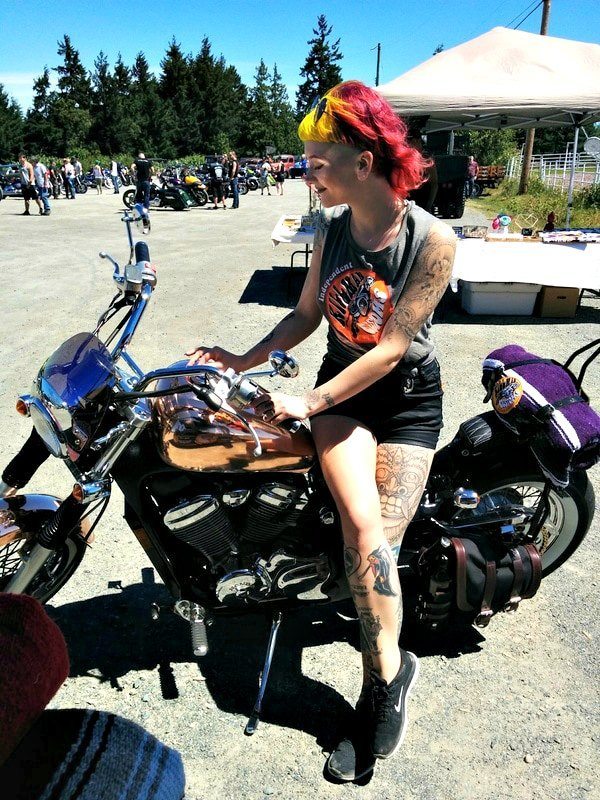 ali and her copper honda shadow bobber vt600