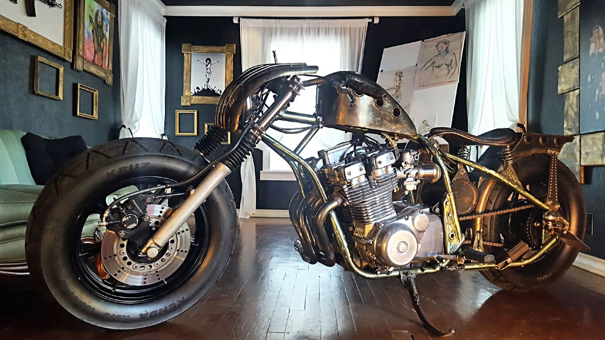 suzuki gs1100 chopper in living room