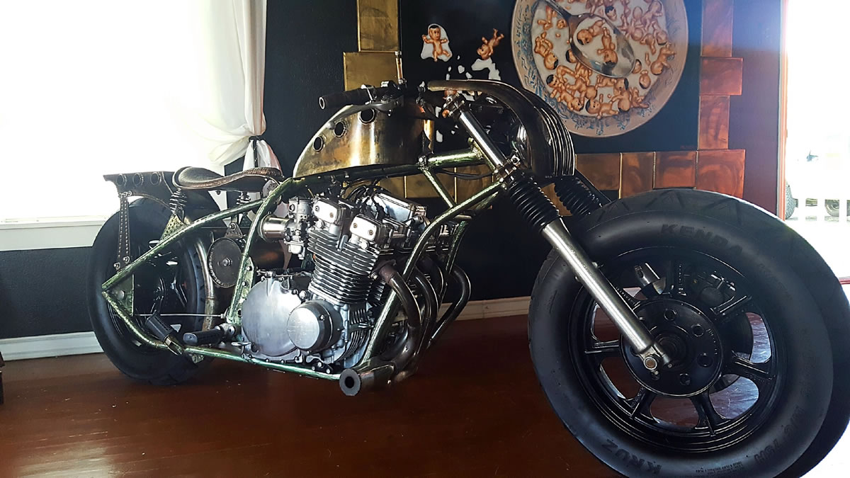 suzuki gs1100 chopper motorcycle in house