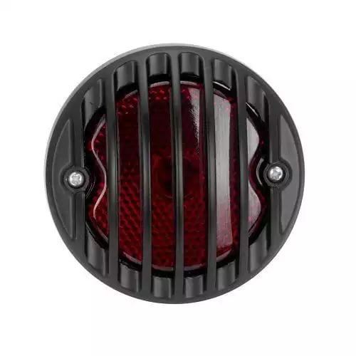 Astra Depot 4" Custom Black Motorcycle Billet Aluminum Grille Ribbed Round Tail Brake Light Red Lens Integrated License Plate Lamp Bobber Chopper Cruiser Street Bike