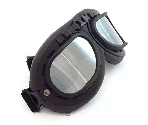 Ediors WWII RAF Vintage Pilot Style Flying Motorcycle Motorcross Biker Café Racer Cruiser Chopper Touring Helmet Goggles Sun UV Wind Eye Protect Black Frame Reflective Mirror Lens