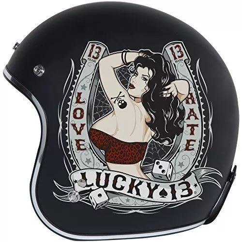 TORC T50 Route 66 3/4 Helmet with 'Lucky 13 Love Hate' Graphic (Flat Black, Large)